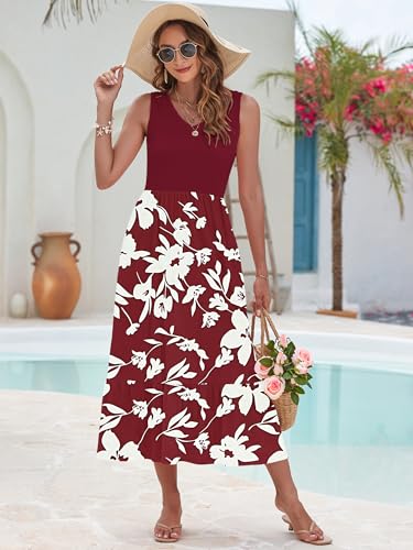 Image of AUSELILY Womens Summer Maxi Dress Casual Sleeveless V Neck Floral Dresses | A line shape with practical side pockets, Vacation dress for resort walks, Pair with low heels and simple jewelry