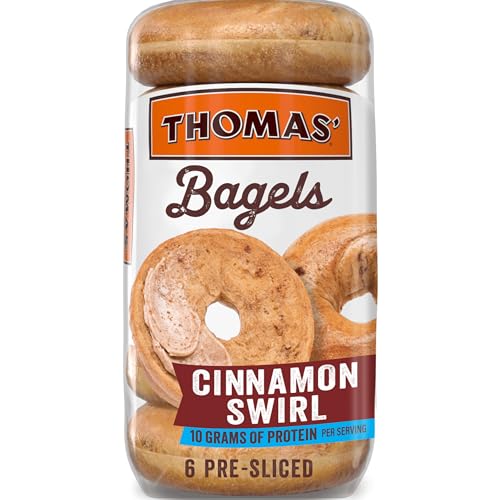 Thomas' Cinnamon Swirl Bagels, 6 count, (3.33 oz each), 10g Protein, Kosher Cinnamon Bagels, 20 oz Bag