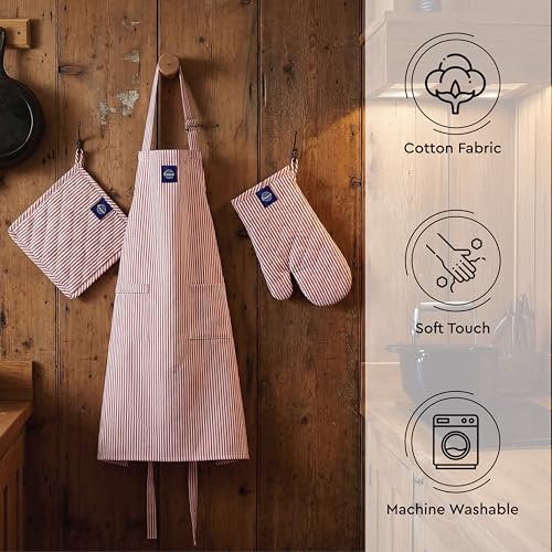 Image of Encasa XO 100% Cotton Apron Set for Women & Men with Adjustable Apron, Oven Gloves & Pot Holder (Pack of 3) Combo, Heat-Resistant, Soft & Durable for Cooking, Baking & Grilling (Ticking Red)