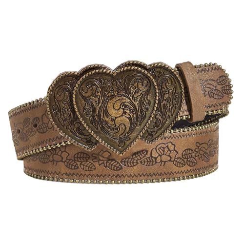 Women Western Belt with Heart Buckle Vintage Brown Belts for Jeans Pant Dress Cowgirl Cowboy Belt