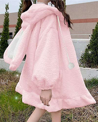 Bzb Kawaii Anime Bunny Ear Hoodies For Women Sweet Lovely Fuzzy Fluffy Rabbit Sweater Tops Cosplay Jacket Coats Pink #TOP2