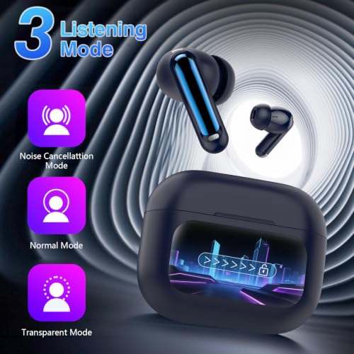 Image of Thunelec Wireless Earbuds with Touch Screen, 2026 New Bluetooth 5.4 Headphones with ANC /ENC Mic, 50H HiFi Stereo Ear Buds with 5 EQ Modes, Transparency Mode, IPX7 Earphones for Running /Fitness, Blue