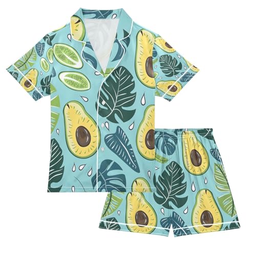 senya Avacado with Tropical Leaves Satin Summer Pajama Sets Silk Short Sleeve Button Down Sleepwear
