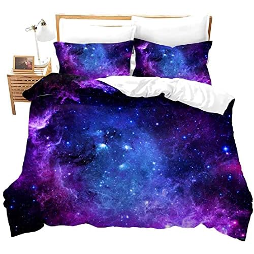 Erosebridal Purple Galaxy Bedding Set Queen Kids Teens Girls Boys Starry Sky Duvet Cover Space Universe Star Design,Soft Breathable Microfiber Home Decorative 3 Pcs Bedding Set with 2 Pillow