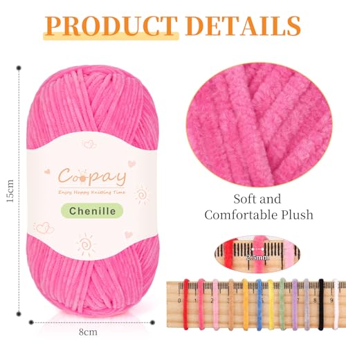 Coopay Skinny Chenille Yarn for Crocheting and Knitting, 12 Pack of 50g/1.76oz-1764yd Total, Soft Velvet Yarn of Baby Weights-Suitable for Baby Blankets, Plush Toys-Super Soft (Light Pink Gradient) by Coopay - Used condition - US$21.07