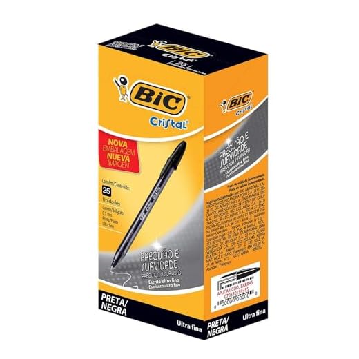 Caneta Esferográfica BIC Cristal Precisão e Suavidade, Preta, Ponta Ultra Fina, 0.7mm, 902489, 25 unidades