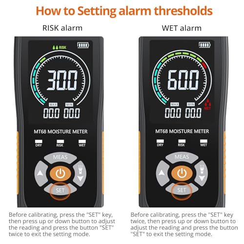 Miniatura 9 de Proster Medidor De Humedad Detector De Humedad Con Pantalla Lcd A Color, Función De Alarma Y Función De Retención Humidímetro De Pared 5-40 Mm De Profundidad Para Pared, Madera, Hormigón, Yeso, Etc