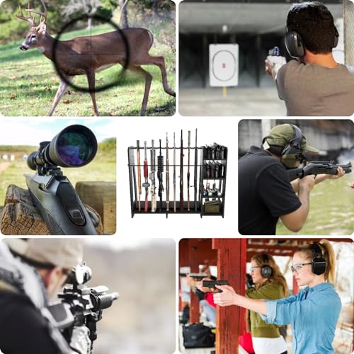 Prometis Gewehrständer-freistehender Boden Holz Gewehrständer mit Pistolenregalen,Einstellbare Höhenspeicherlösungen und Gun Room Display Stand, hält bis zu 9 Lange Waffen und 8 Handfeuerwaffen
