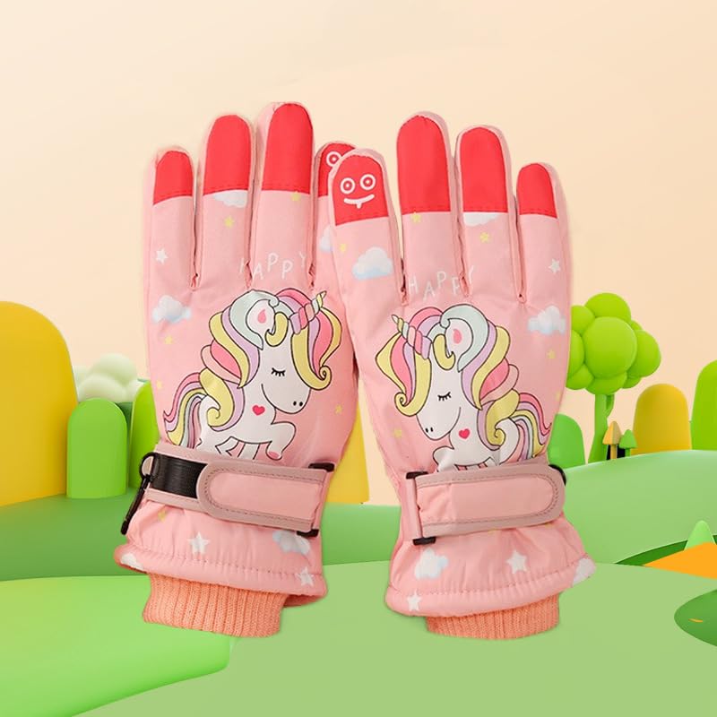 DHSUN Guantes para niños, guantes de nieve de invierno, guantes de esquí para niñas y niños, palma de PU, impermeables, a prueba de viento, forro polar cálido, guantes de invierno (unicornio rosa, L)