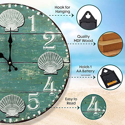 Timely Furnishings Rustic Weathered Wood Seashell Wall Clock, Coastal Beach and Sea Home Decor Large, 15.75 Inch - Image 2