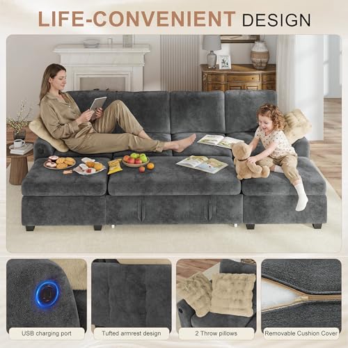 Image of Hanherry 104 inch Sectional Couch with Pull Out Sofa Bed,Chenille Sleeper Sofa with Storage Ottoman & USB Charging,Comfy U Shaped Modular Couches for Living Room,Apartment