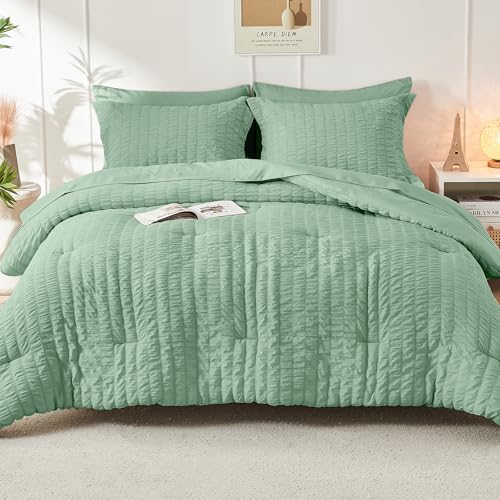 HYMOKEGE Sage Green Twin Comforter Set Seersucker 5 Pieces, All Season Luxury Bed in a Bag for Bedroom, Bedding Set with Comforters, Sheets, Pillowcase & Sham by HYMOKEGE - Image 9