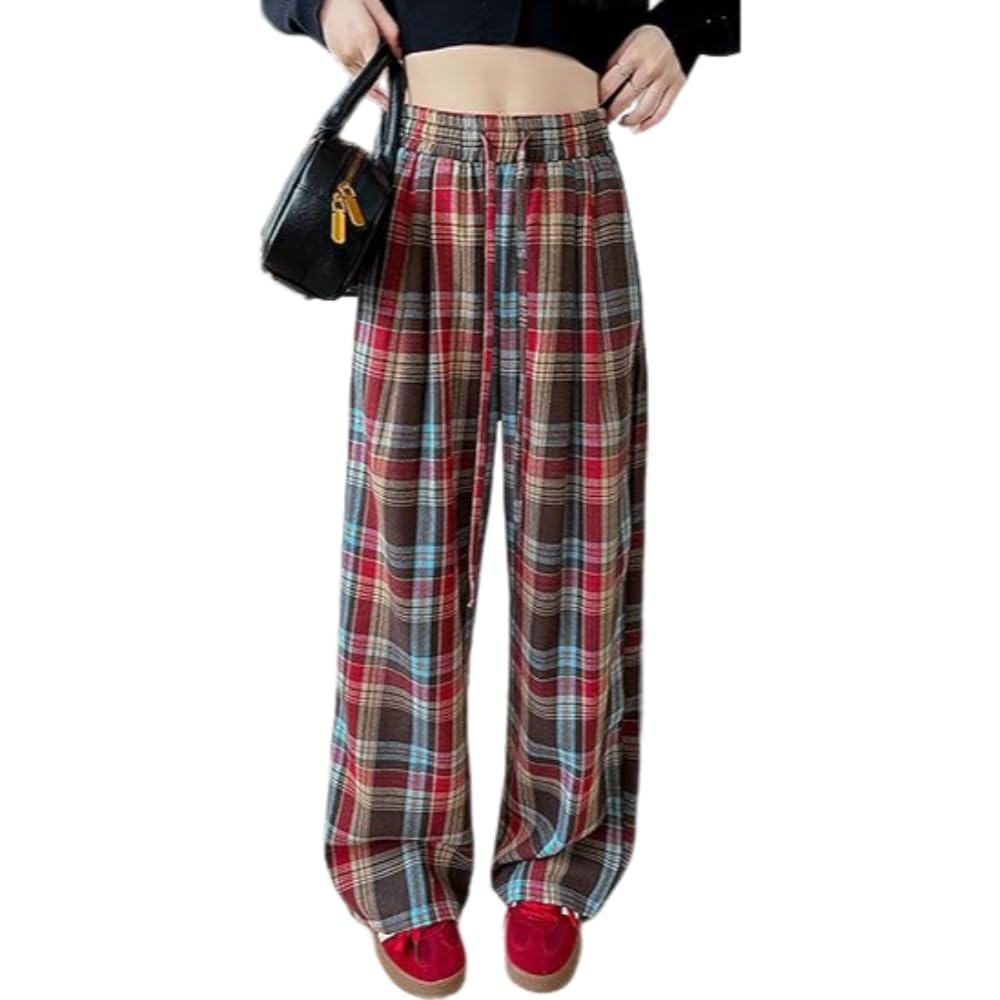 Colygamala Womens High Waist Plaid Leisure American Retro Baggy Mopping Trousers