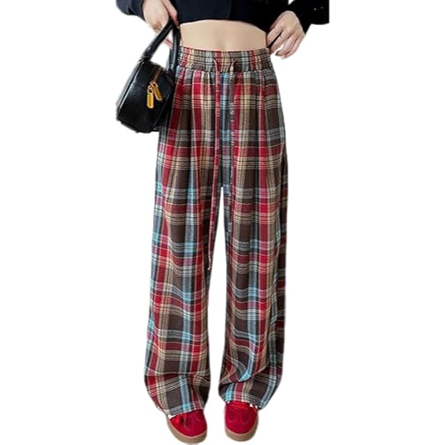 Colygamala Womens High Waist Plaid Leisure American Retro Baggy Mopping Trousers