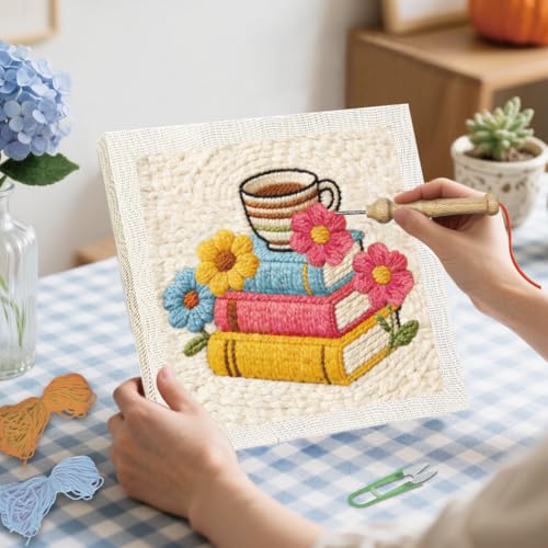 Image of BEUNITONE Book and Flower Punch Needle Kit for Adults Beginners, Complete DIY Craft Embroidery Kits with Hoop, Punch Needle Starter Craft Set for Festival Gift and Home Decor 9.4x9.4in