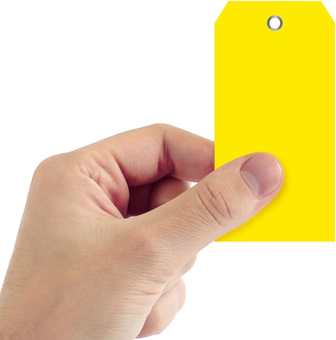 SmartSign 100-Pack Yellow Plastic Tags with Pre-Punched Hole, 4.75" x 2.375", Size#5, 10 mil Tearproof Plastic Tags with Metal Eyelet, Writable Blank Tags for Shipping, Labeling, USA-Made