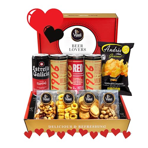 Valeli. Cesta Cervezas Estrella Galicia, 1906 Reserva Especial y Red Vintage con frutos secos y snacks. Regalo original para él,...