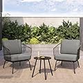 EAST OAK 3-Piece Plaza Patio Furniture Set, Outdoor Furniture with Thick Cushion Sofa and Coffee Table, Modern Patio Conversation Set for 2, Outdoor Bistro Set for Balcony, Black & Grey