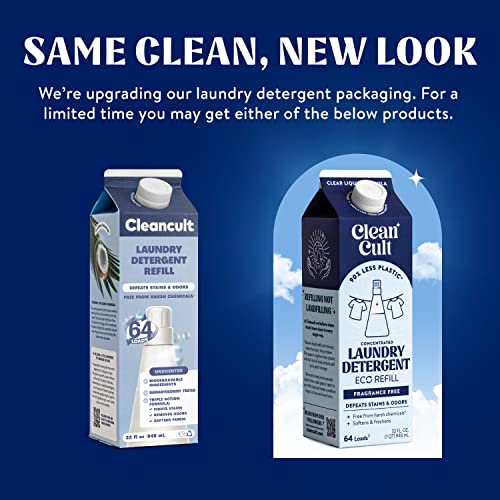 Cleancult Laundry Detergent Refills (32Oz, 3 Pack) - Laundry Soap That Defeats Stains & Odors - Free Of Harsh Chemicals - Paper Based Eco Refill, Uses 90% Less Plastic - Fragrance Free #TOP1