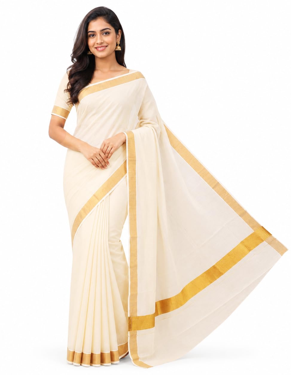 fashily Women’s Kerala Off white cotton saree with running blouse| Onam Saree | Vishu Saree | Traditional White Saree-picture-12