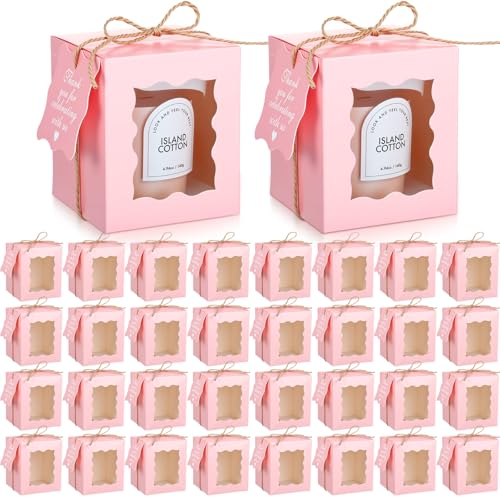 Affrolling 50 Set Pink Candle Gift Box Transparent Gift Packaging Box Bulk for 4-10 oz Candles with Thank You Tag Hemp Rope for Valentines Day Wedding Birthday Party Favor 3.35x3.35x3.94 Inch