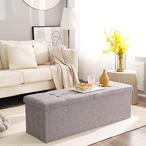 Image of Storage Ottoman Bench Foldable Footrest Foot Stool, 45 inch Fabric Grey | Small Ottoman Foot Rest Seat Shoe Bench Flip-Top forliving Room End of Bed Bedroom Couch Dorm 166L Folding Upholstered Chair