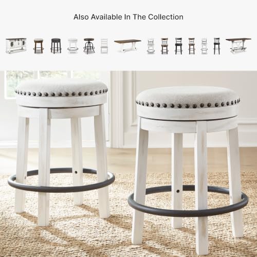 Signature Design by Ashley Valebeck 24 Inch Counter Height Stool | Backless swivel design, Rustic vintage white frame, Cozy beige woven fabric, Metal footrest - image 7