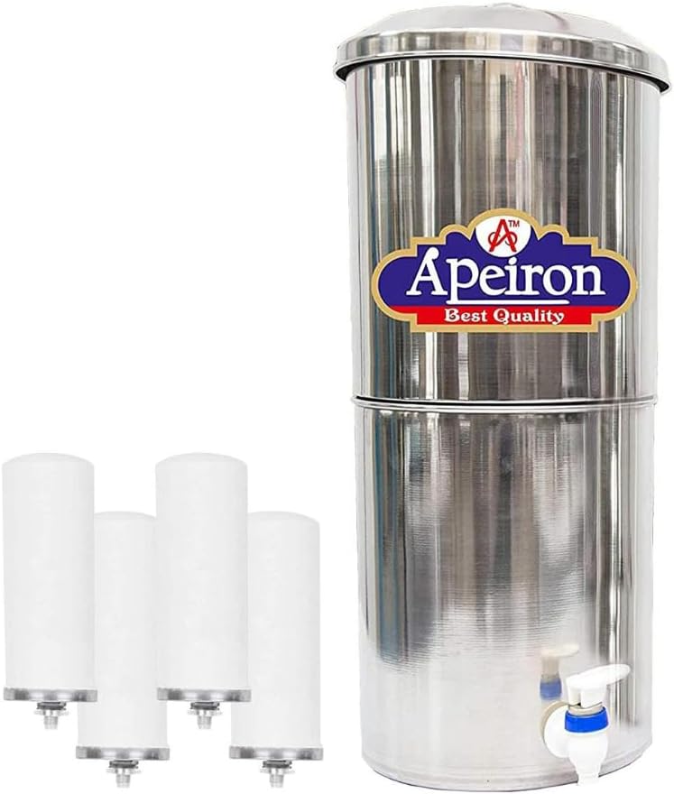 Apeiron Stainless Steel Non-Electric Water filter With 4 Ceramic Candles With Brass Knob 30 Liter Capacity