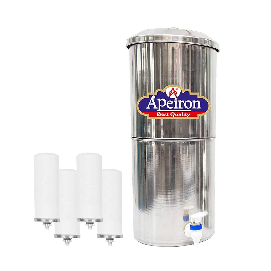 Apeiron Stainless Steel Non-Electric Water filter With 4 Ceramic Candles With Brass Knob 30 Liter Capacity