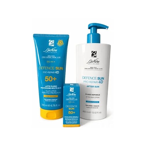 Bionike Kit solari SPF50+ pelle sensibile viso corpo e doposole -latte fluido 50+ da 200ml -doposole da 400ml -stick zone sensibili da 9ml