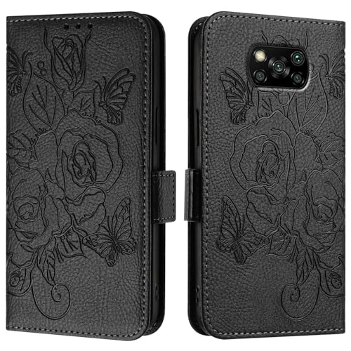 Xiaomi POCO X3/POCO X3 NFC/POCO X3 Pro�P�[�X�Ή��A�E�H���b�g�P�[�X �X���� PU���U�[ �t�H���t���b�v�t�H���I�P�[�X�A�J�[�h�z���_�[+���X�g�X�g���b�v�t���ϏՌ��ی�P�[�X(Black)