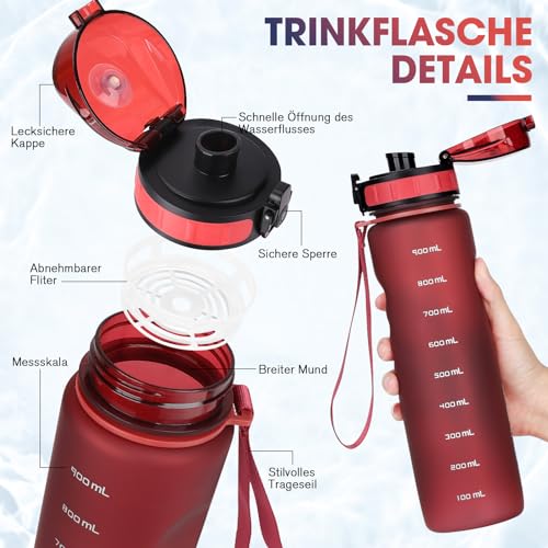 AOPREL Trinkflasche 1L Sport Trinkflasche Wasserflasche Auslaufsicher Trinkflaschen BPA Frei Sportflasche mit Kapazitätsskala für Die Outdoor, Schule, Camping