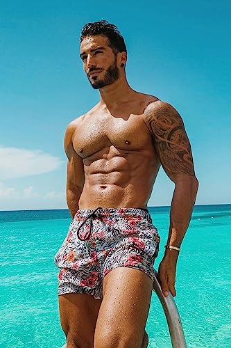 Men Swim Swim Trunks Tropical Beach Theme Patterned Red #TOP5