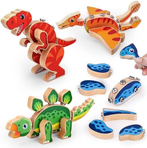 Dinosaur Snap Together Wooden Building Toys, Take Apart Dino Building Blocks Playset, STEM Montessori Educational Fine Motor Skill Learning Birthday Gift for 3 4 5 6+ Years Old Boys Girls Kids