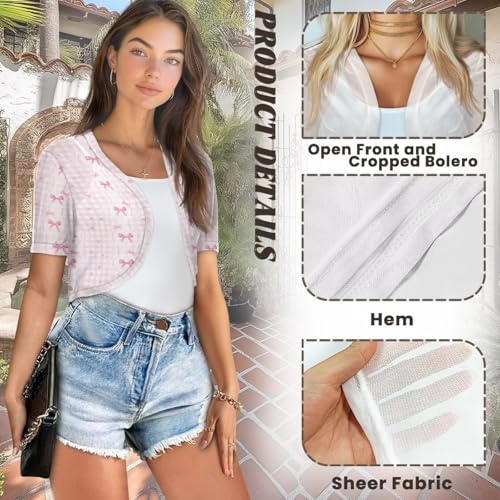 Image of Womens Short Sleeve Bolero Shrug Open Front Knit Cropped Cardigan Shoulder Cover for Dress Cute Casual Knit Cover Up