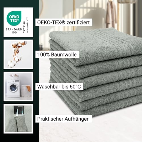 ZOLLNER 6er Set Handtücher in 50x70 cm - saugstarke Duschtücher in grau - mit praktischem Aufhänger - mit modernen Tiefgangstreifen - waschbar bis 60°C - Baumwolle - Hotelqualität