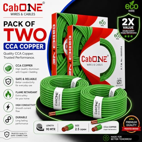 Image of CabONE 2.5 SQ.MM FR PVC Insulated Copper Electrical Wire, 90 Meter (Green, Pack of 2) | ISI Marked Fire Retardant Single Core Cable for Home Wiring