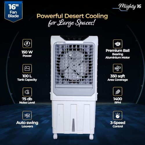 Image of Mighty 16 Desert Air Cooler | 16 Inch Special Bent-Edge Blade, 100L Tank, 5190 m /hr Air Delivery | Covers 350 Sq Ft | Honeycomb Pads, Aluminium Motor, Closed Louvers, Wheels | White & Grey