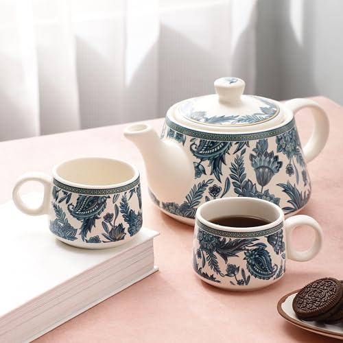 Image of miah decor Handcrafted Ceramic Morning Tea Set - 6 Tea Cups & 1 Kettle | White & Blue Print | Microwave & Dishwasher Safe | Elegant Tea Set for Home, Office & Gifting