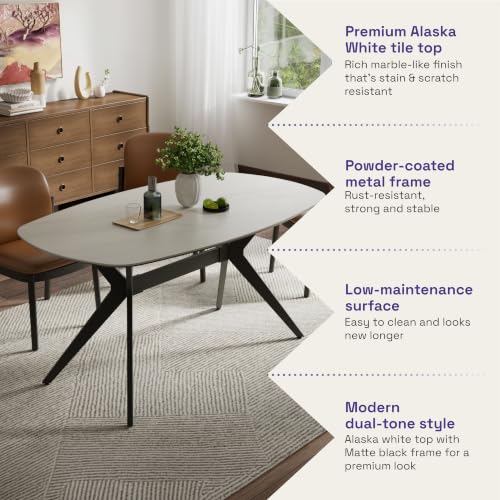 Image of Wakefit Baklava Dining Table - Alaska White - 6 Seater I Marble Finish I Vitrified Tile Top I Alaska White