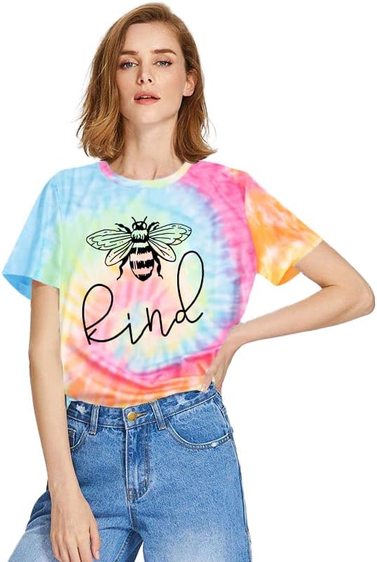 MAIHUN Be Kind Shirt for Women Tie Dye Rainbow T Shirt Inspirational Teacher Tees Tops Blessed Short Sleeve - Image 2
