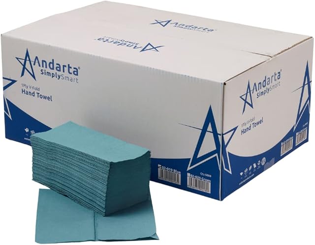 Andarta 1 Ply Blue V/Fold Hand Towel ( Box of 5000 ). Strong, Soft and Absorbent. 100% Recycled Materials. Highly Absorbent and Durable Therefore Ideal for Toilet, Kitchen, Bathroom & Dispensers.
