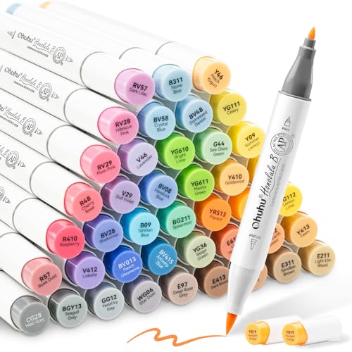 Ohuhu Alcohol Brush Markers 48 Mid-tone Colors - AP Certificated Double Tipped Alcohol Based Art Marker Set for Artist Adults Coloring Illustration -