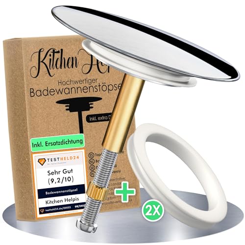 Kitchen Helpis® Edler Badewannenstöpsel universal, ⌀ 72mm Stöpsel, rostfrei, für alle gängigen Wannen, höhenverstellbarer Badewannen Stöpsel Verschluss, V2.0-100% dicht, mit 2 Doppeldichtungen