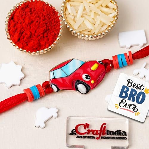 Image of eCraftIndia Pack of 20 Cartoon Car Rakhi for Kids Brother Boys Girls | Designer Raksha Bandhan Rakhi for Bhai Bhaiya | 20 Best Bro Ever Fridge Magnets | Roli Chawal Pack Gift Set
