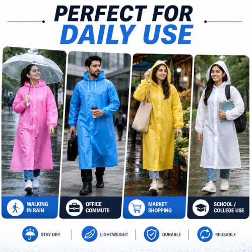 Image of Full Length Waterproof Raincoat for Men & Women | Hooded Transparent Rain Wear with Sleeves | Reusable Long Rain Jacket for Bike Riding, Travel, Camping & Monsoon Protection