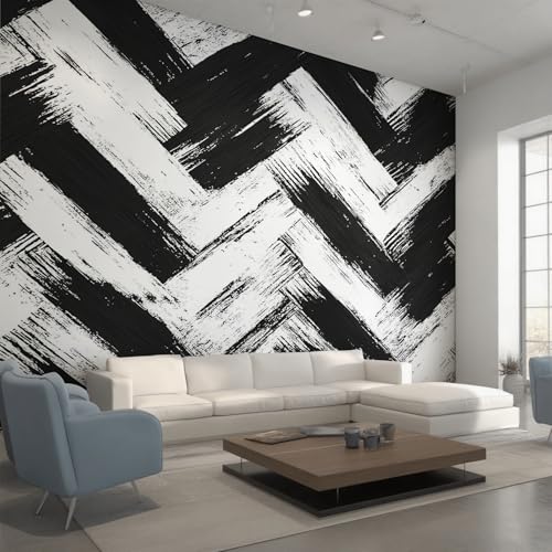 Image of Non-Woven Black White Zig Zag Wallpaper - Modern Geometric Chevron Wall Mural for Bedroom, Living Room Background Decoration, Home Decor Photo Wall Paper 350x256 cm (WxH)