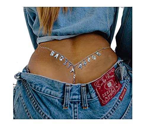 Women Sexy Rhinestone Sagittarius Constellation Waist Body Chain Crytal 12 Constellation Letter Pendant Belly Waist Chain T-String Thong Body Jewelry