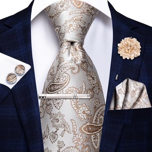 Image of Hi-Tie Silk Champagne Paisley Ties for Men Floral Jacquard Necktie and Pocket Square Lapel Pin Silver Tie Clip Cufflinks Set Wedding Business 6PCS