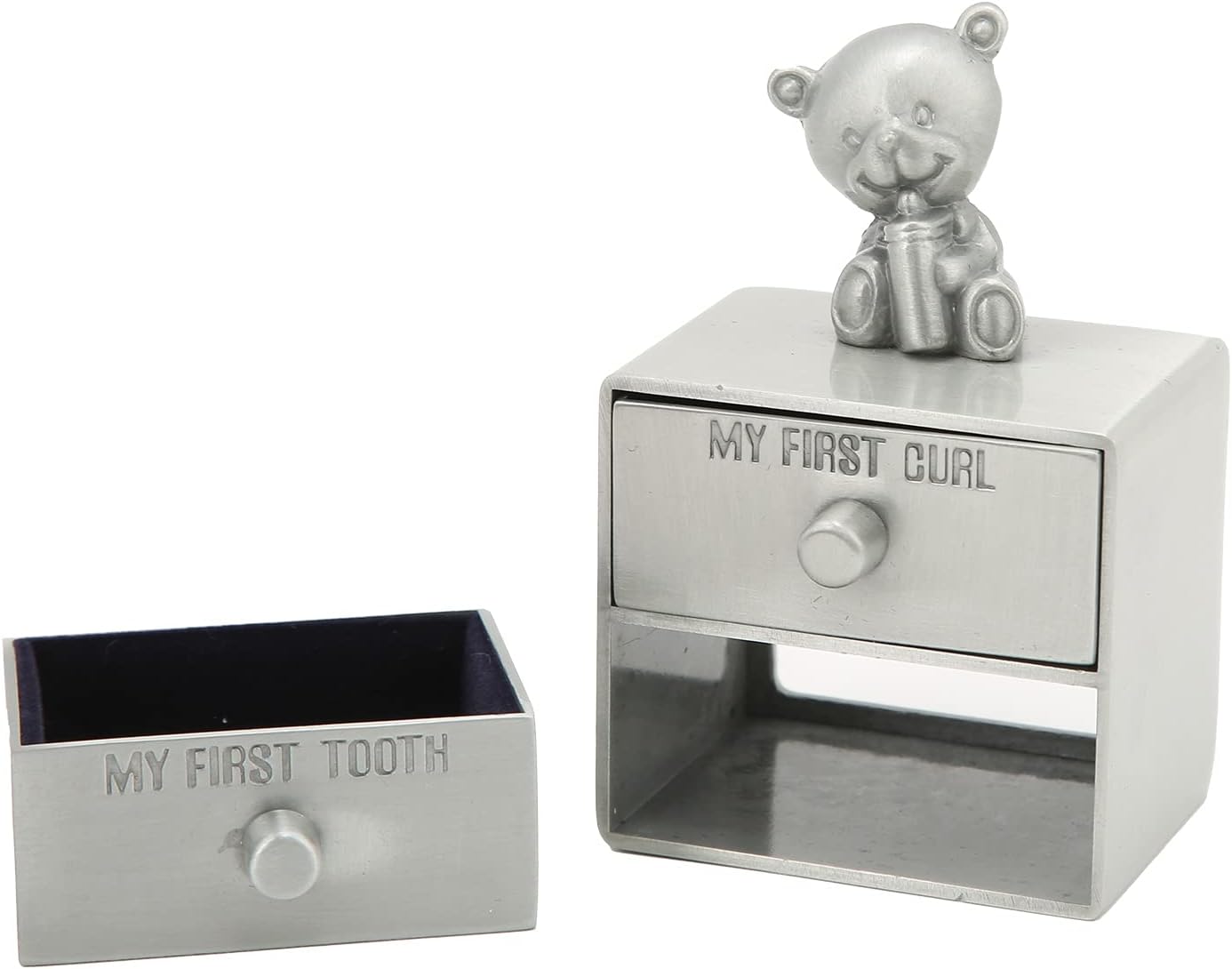 Cute Bear Shape Tooth Box, Baby Tooth Storage Case with 2 Drawers, Zinc Alloy Teeth Saver Box Lined with Blue Flannel for Children's First Tooth Memorial and Jewelry (Antique Tin Color)